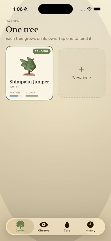 The Tend app showing a Shimpaku Juniper in the garden with water and vigor meters